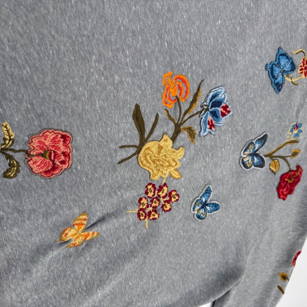 DRIFTWOOD Small Zip Up Hoodie Heathered Gray Floral Butterfly Embroidered Teddy - Picture 14 of 15
